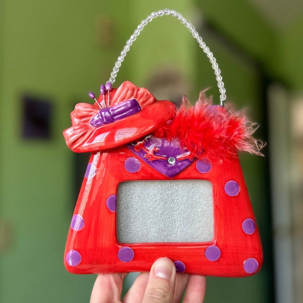 VTG Dainty Shabby Chic Red Purse Purple Polka Dots + Faux Feather Picture Frame